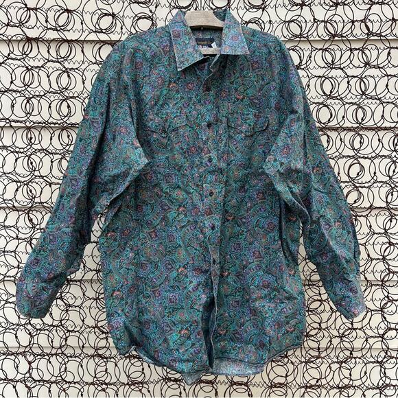 90s Panhandle Slim Teal Purple Navy Paisley Kaleidoscope Cowboy Western Shirt - Picture 1 of 5